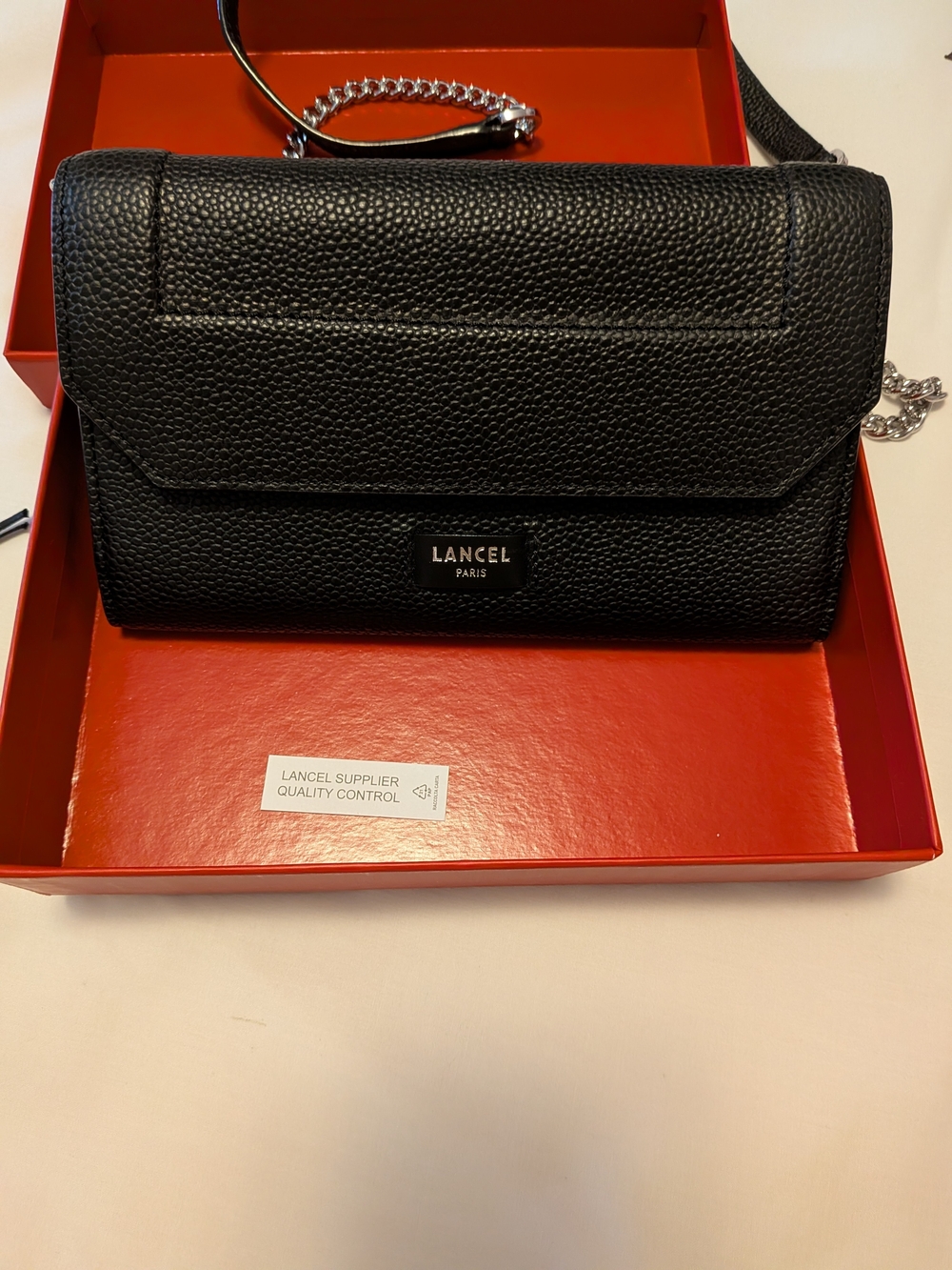 Lancel Paris Black Calf Skin Pebbled Leather Crossbody Bag with Chain Strap